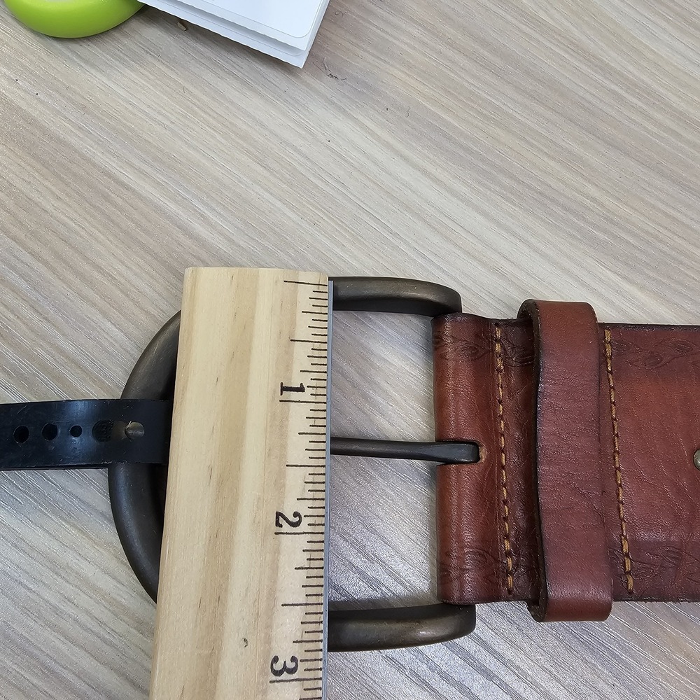 Western Boho Waist Belt Women M Brown FOSSIL Studded Tooled Leather Brass Buckle - Picture 4 of 13